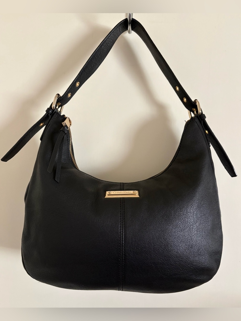 Calvin Klein Black Leather Hobo with Gold Accents